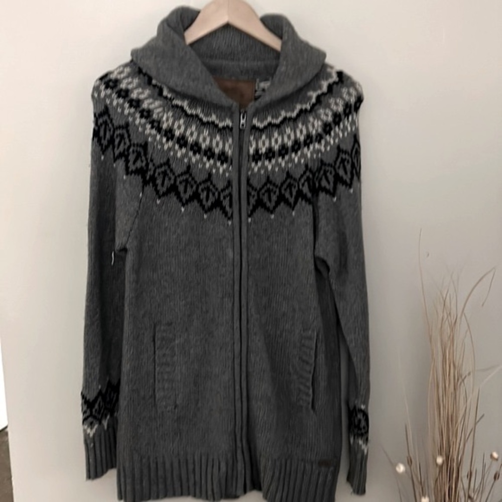 Roots Sweater - Chunky Fairisle Knit Grey Wool Fill Zip Cardigan